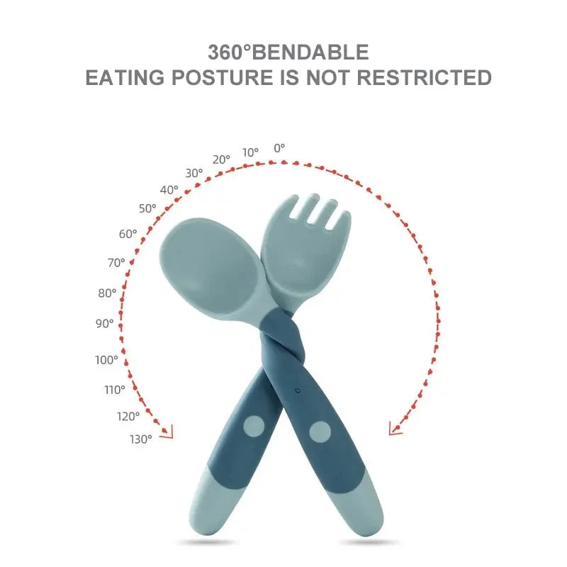 Brixie Baby Training Spoon & Fork Set - Soft, Bendable Silicone Tableware